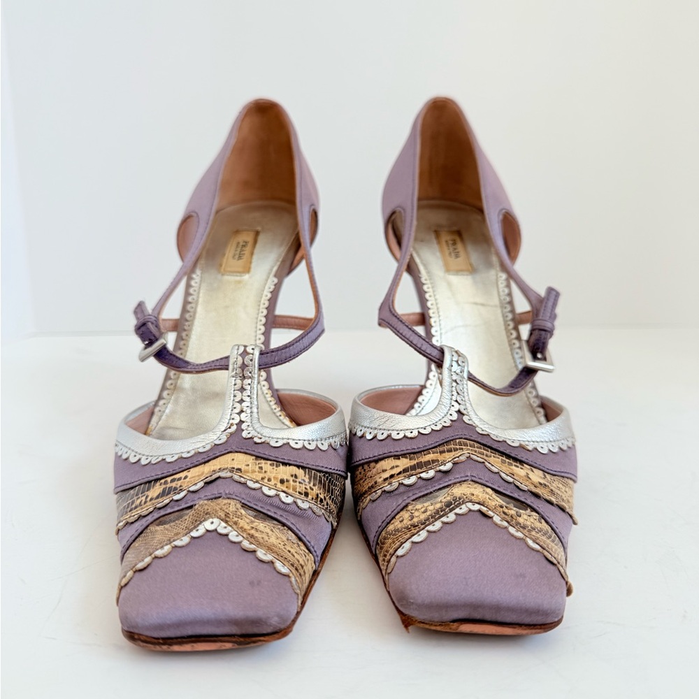 Prada Vintage Lilac Satin Snakeskin Trim Cutout Mary Jane T-Strap Heels EU38 - Picture 4 of 11